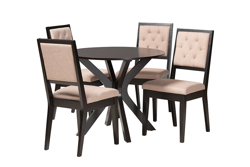 Rosine Modern Sand Fabric and Dark Brown Finished Wood 5-Piece Dining Set