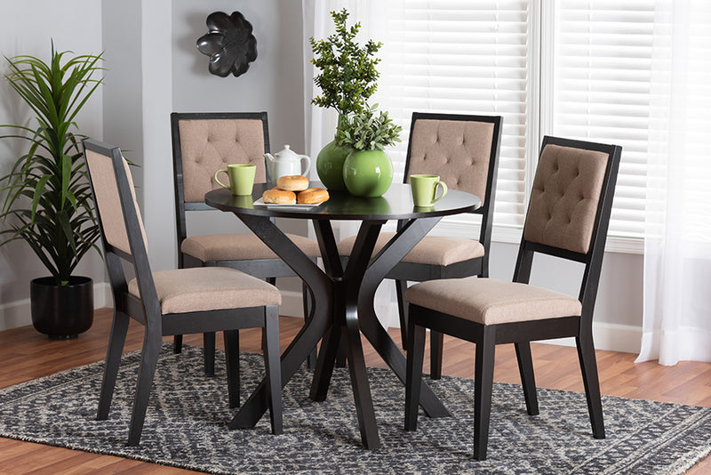 Rosine Modern Sand Fabric and Dark Brown Finished Wood 5-Piece Dining Set