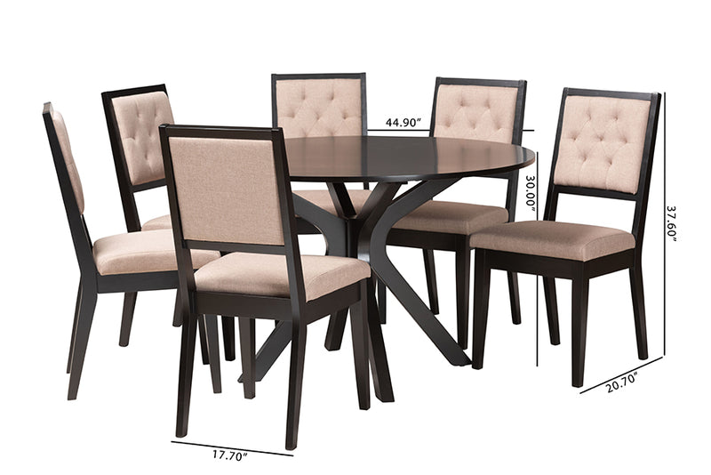 Rosine Modern Sand Fabric and Dark Brown Finished Wood 7-Piece Dining Set