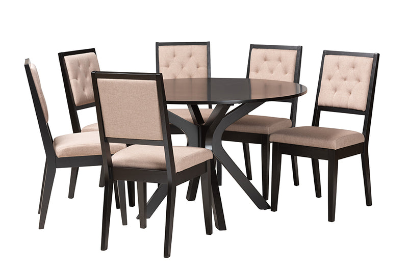 Rosine Modern Sand Fabric and Dark Brown Finished Wood 7-Piece Dining Set