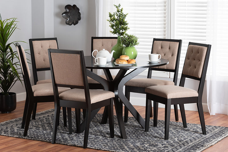 Rosine Modern Sand Fabric and Dark Brown Finished Wood 7-Piece Dining Set