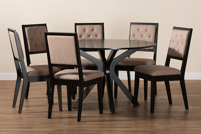 Rosine Modern Sand Fabric and Dark Brown Finished Wood 7-Piece Dining Set