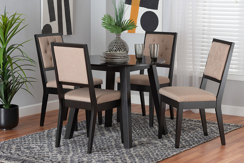 Hilda Modern Beige Fabric and Dark Brown Finished Wood 5-Piece Dining Set