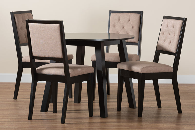 Hilda Modern Beige Fabric and Dark Brown Finished Wood 5-Piece Dining Set