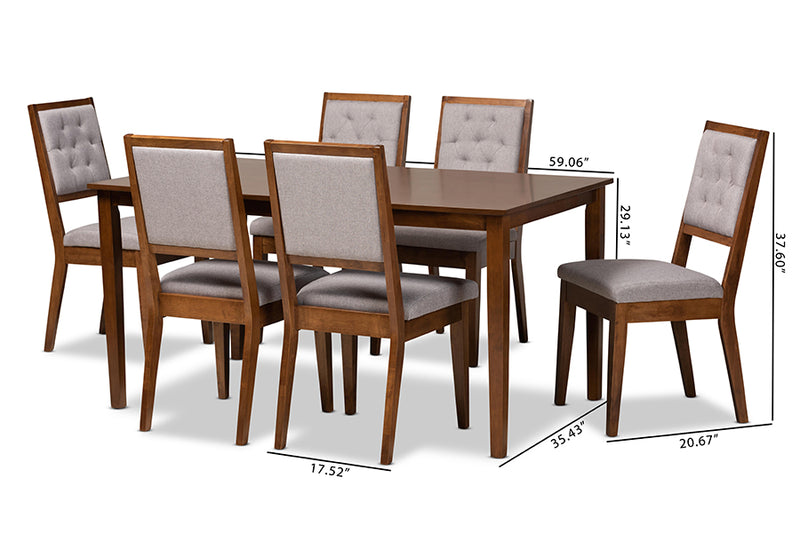 Cyntia Modern and Contemporary Gray Fabric Upholstered and Walnut Brown Finished Wood 7-Piece Dining Set