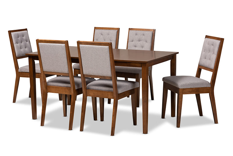 Cyntia Modern and Contemporary Gray Fabric Upholstered and Walnut Brown Finished Wood 7-Piece Dining Set