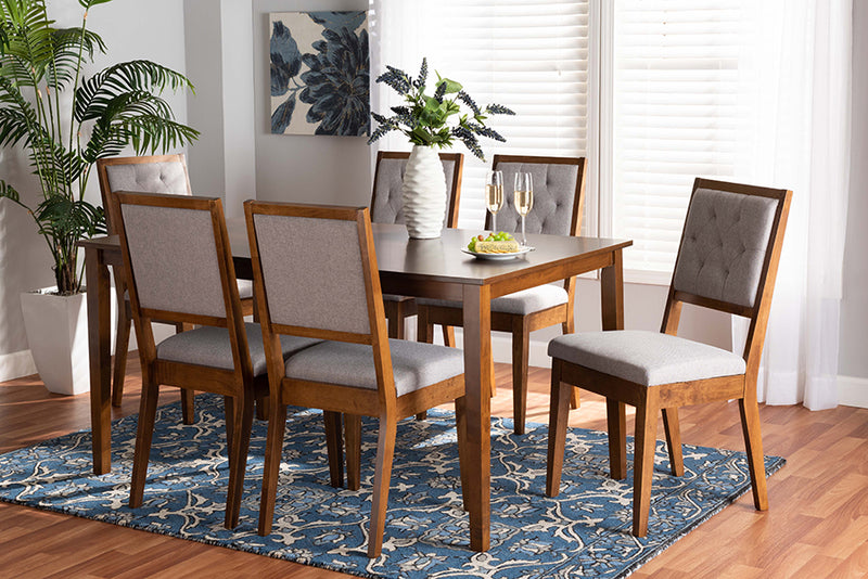 Cyntia Modern and Contemporary Gray Fabric Upholstered and Walnut Brown Finished Wood 7-Piece Dining Set