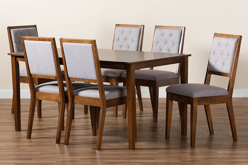 Cyntia Modern and Contemporary Gray Fabric Upholstered and Walnut Brown Finished Wood 7-Piece Dining Set