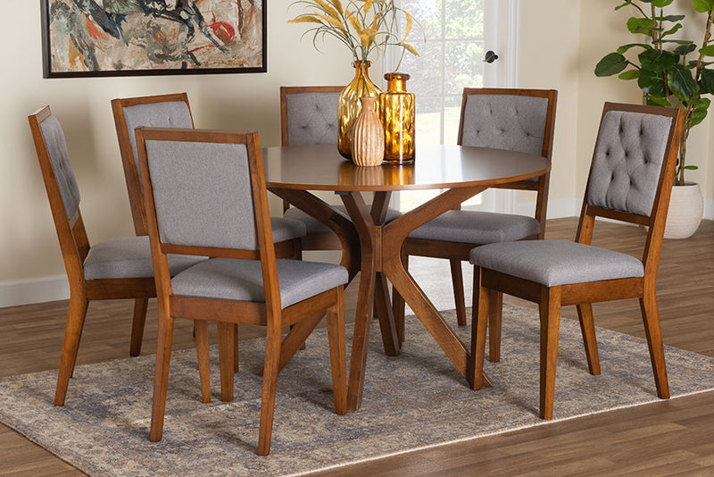Rosine Modern Gray and Walnut Brown Wood 7-Piece Dining Set Baxton