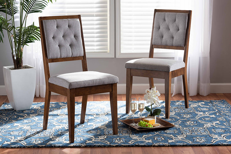 Kalista Modern and Contemporary Gray Fabric Upholstered and Walnut Brown Finished Wood 2-Piece Dining Chair Set