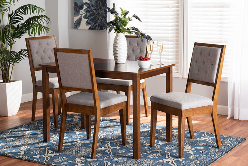 Cyntia Gray Fabric Upholstered and Walnut Brown 5-Piece Dining Set Baxton