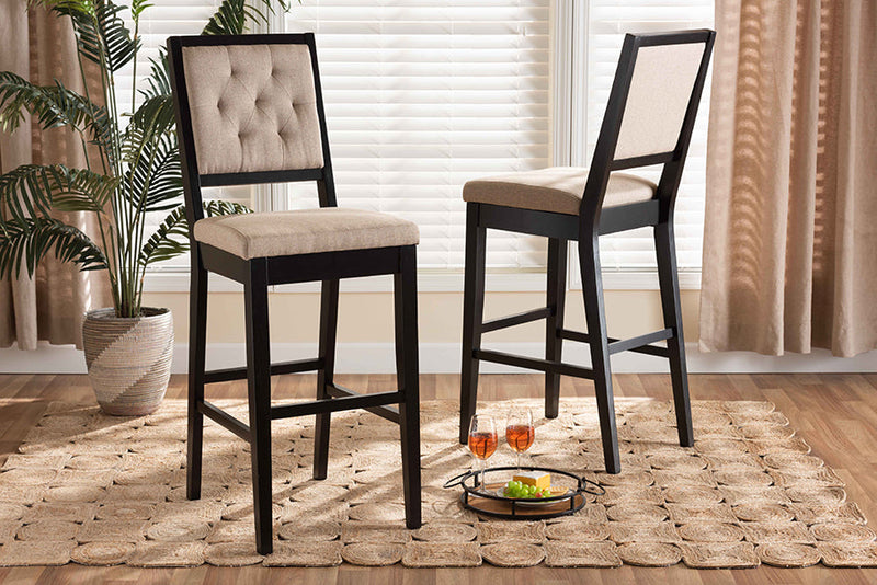 Kalista Sand Fabric Dark Brown 2Pc Bar Stool Set Baxton