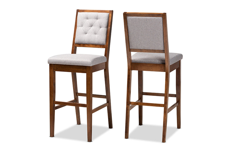 Kalista Modern and Contemporary Gray Fabric Upholstered and Walnut Brown Finished Wood 2-Piece Bar Stool Set