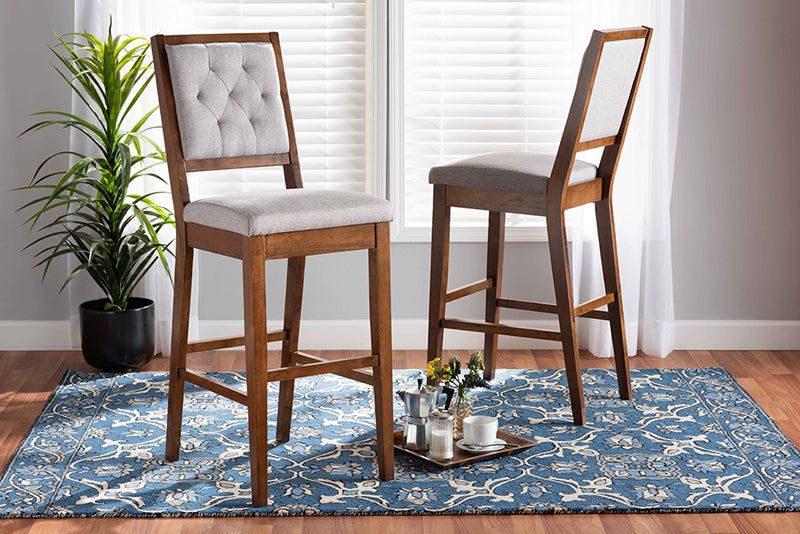 Kalista Modern and Contemporary Gray Fabric Upholstered and Walnut Brown Finished Wood 2-Piece Bar Stool Set