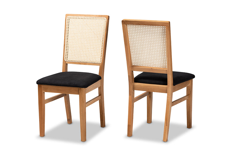 Porter Mid-Century Modern Black Fabric Upholstered and Oak brown Finished 2-Piece Rattan Dining Chair Set