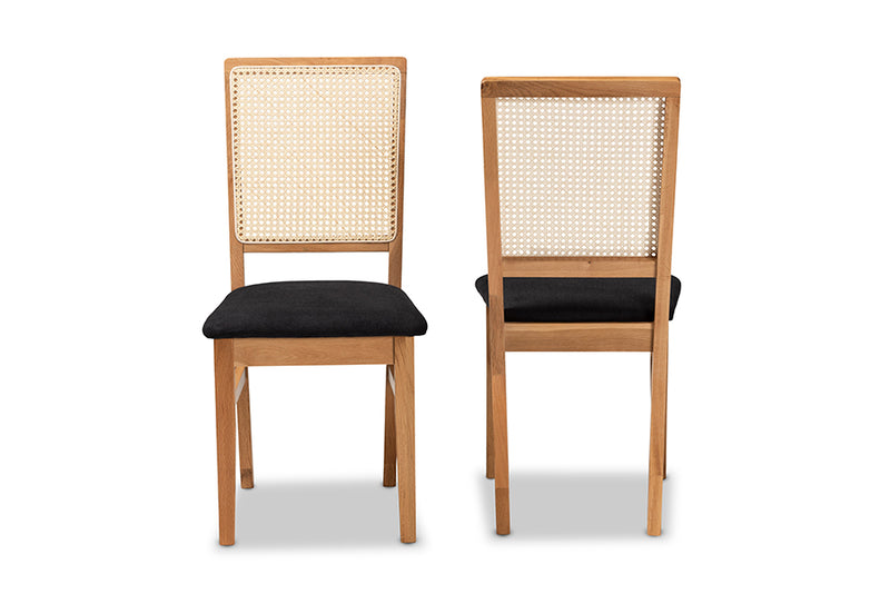 Porter Mid-Century Modern Black Fabric Upholstered and Oak brown Finished 2-Piece Rattan Dining Chair Set