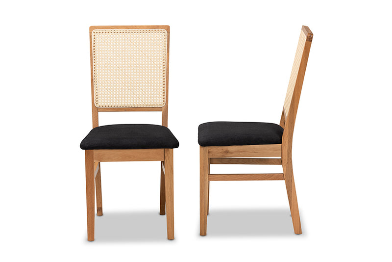 Porter Mid-Century Modern Black Fabric Upholstered and Oak brown Finished 2-Piece Rattan Dining Chair Set