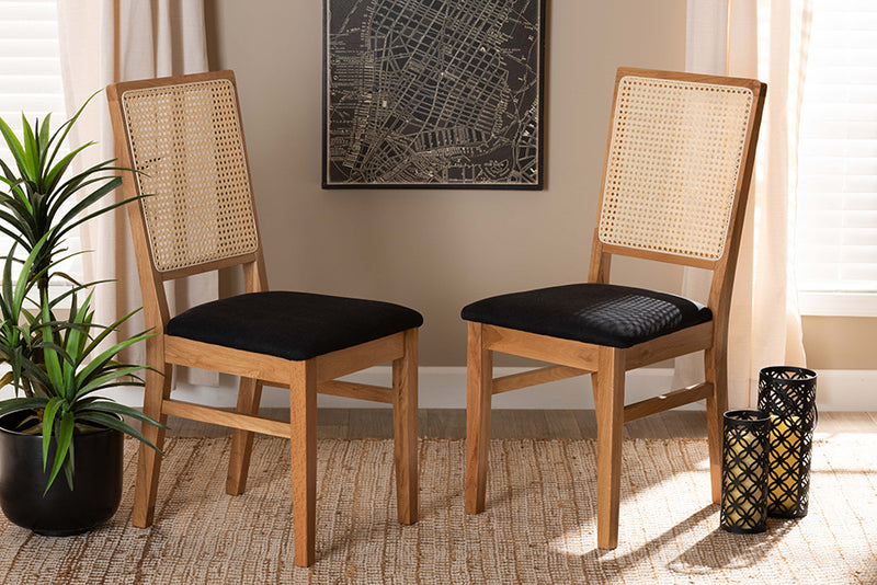 Porter Mid-Century Modern Black Fabric Upholstered and Oak brown Finished 2-Piece Rattan Dining Chair Set