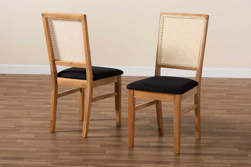 Porter Mid-Century Modern Black Fabric Upholstered and Oak brown Finished 2-Piece Rattan Dining Chair Set