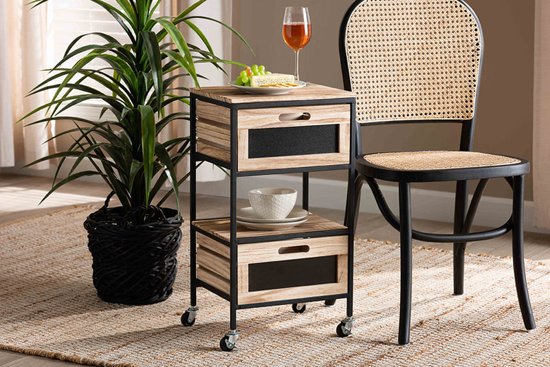 Elin Modern Industrial Oak Brown Finished Wood and Black Metal 2-Drawer End Table