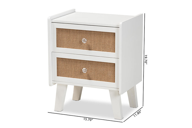 Alya Oak Brown Rattan and White 2-Drawer End Table Baxton
