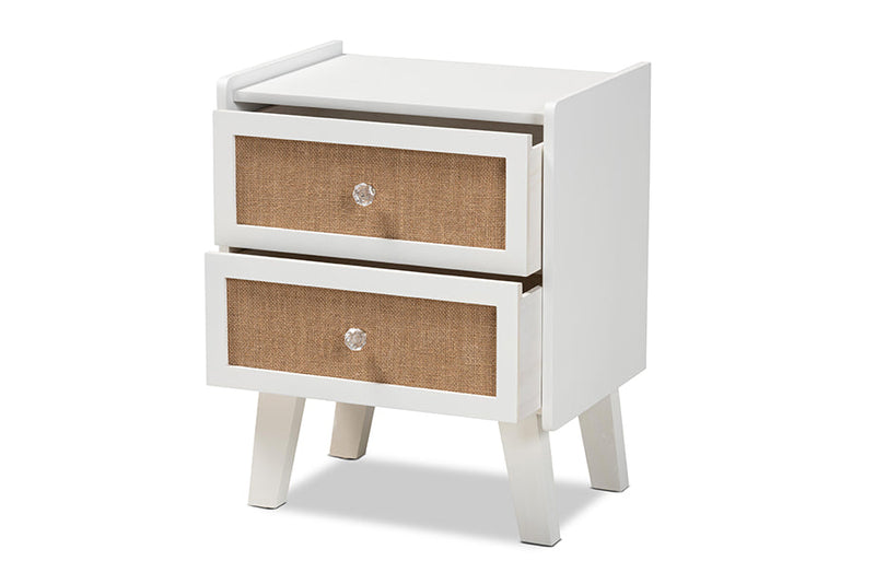 Alya Oak Brown Rattan and White 2-Drawer End Table Baxton