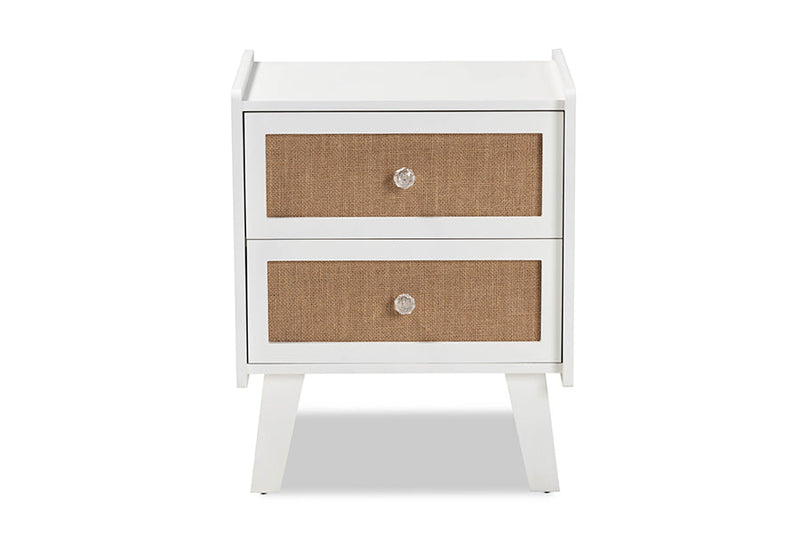 Alya Oak Brown Rattan and White 2-Drawer End Table Baxton
