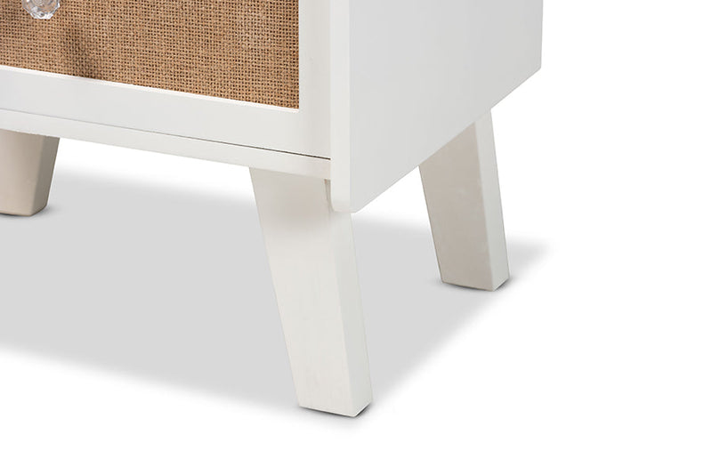 Alya Oak Brown Rattan and White 2-Drawer End Table Baxton