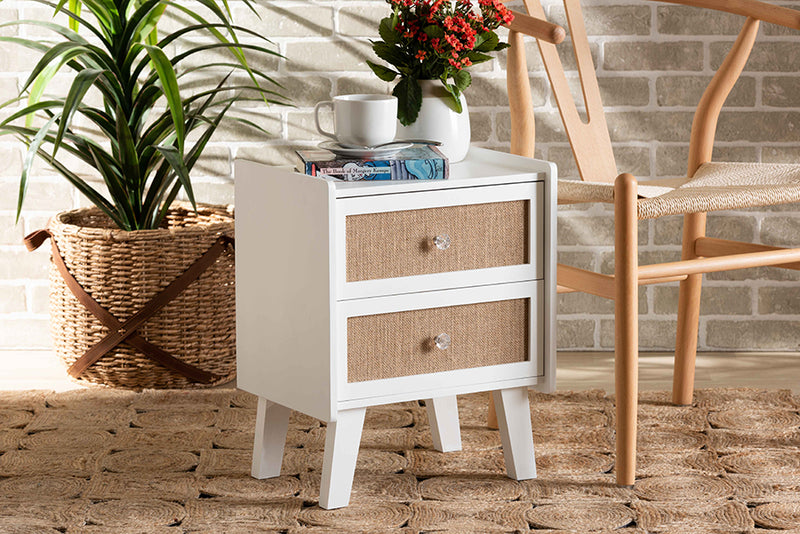 Alya Mid-Century Oak Brown Rattan and White Finished Wood 2-Drawer End Table