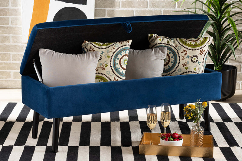 Swindon Modern and Contemporary Navy Blue Velvet Fabric Upholstered and Dark Brown Finished Wood Storage Bench