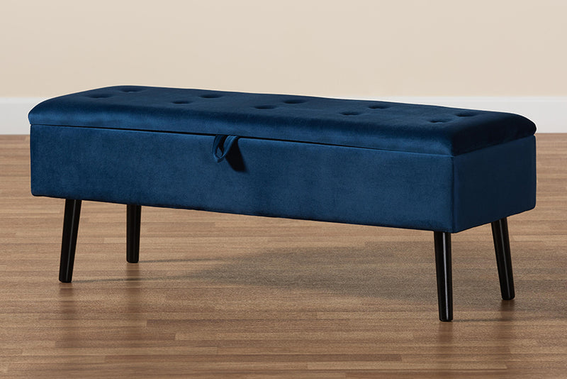 Swindon Modern and Contemporary Navy Blue Velvet Fabric Upholstered and Dark Brown Finished Wood Storage Bench