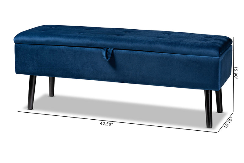 Swindon Modern and Contemporary Navy Blue Velvet Fabric Upholstered and Dark Brown Finished Wood Storage Bench