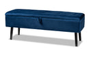Swindon Navy Blue Velvet Fabric Dark Brown Storage Bench Baxton