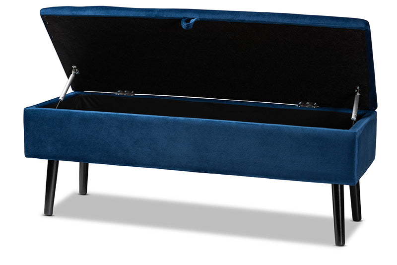 Swindon Modern and Contemporary Navy Blue Velvet Fabric Upholstered and Dark Brown Finished Wood Storage Bench