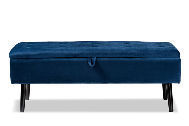 Swindon Modern and Contemporary Navy Blue Velvet Fabric Upholstered and Dark Brown Finished Wood Storage Bench