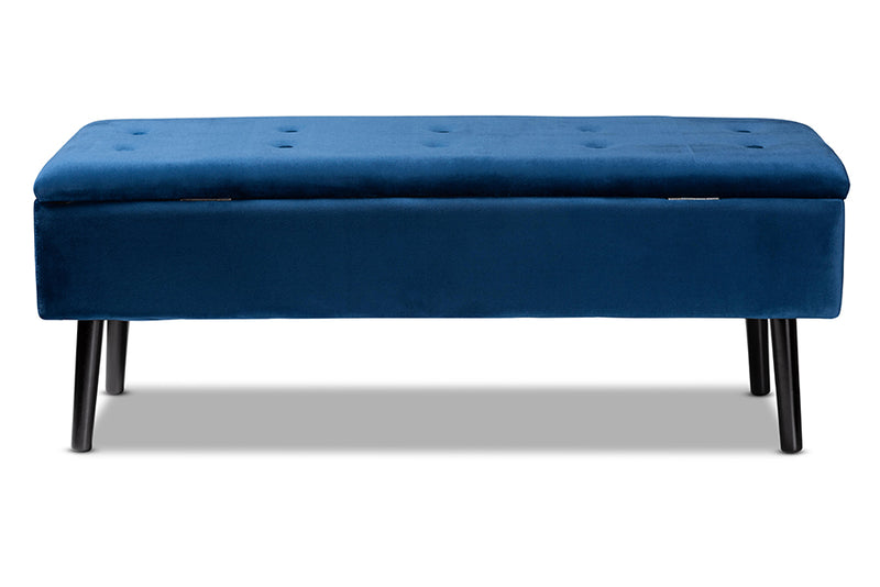 Swindon Modern and Contemporary Navy Blue Velvet Fabric Upholstered and Dark Brown Finished Wood Storage Bench