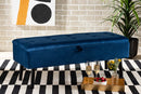 Swindon Navy Blue Velvet Fabric Dark Brown Storage Bench Baxton