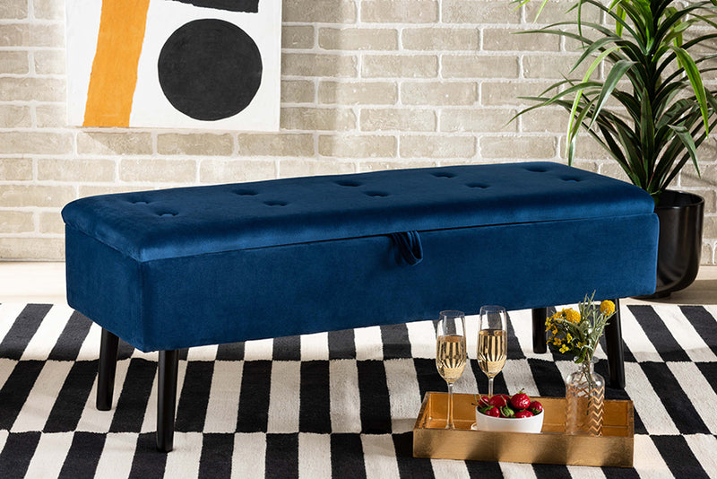 Swindon Modern and Contemporary Navy Blue Velvet Fabric Upholstered and Dark Brown Finished Wood Storage Bench