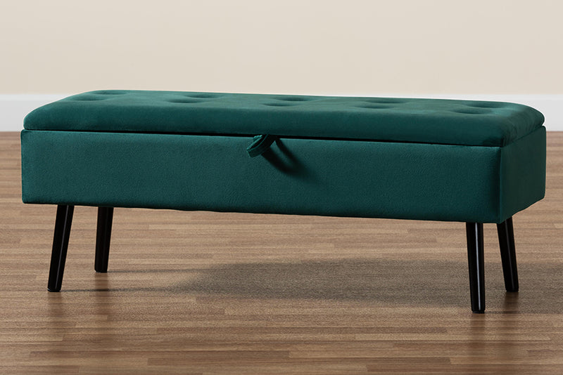 Swindon Modern and Contemporary Green Velvet Fabric Upholstered and Dark Brown Finished Wood Storage Bench