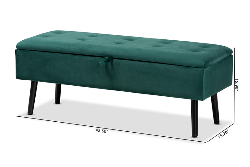 Swindon Modern and Contemporary Green Velvet Fabric Upholstered and Dark Brown Finished Wood Storage Bench