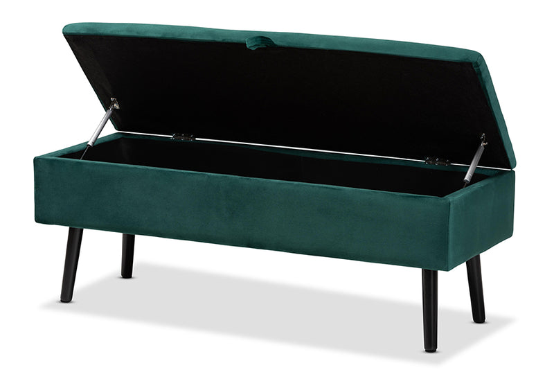 Swindon Modern and Contemporary Green Velvet Fabric Upholstered and Dark Brown Finished Wood Storage Bench