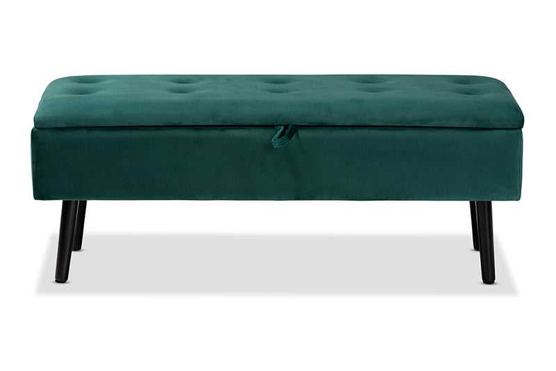 Swindon Modern and Contemporary Green Velvet Fabric Upholstered and Dark Brown Finished Wood Storage Bench