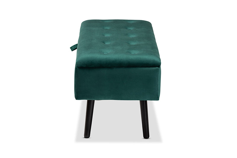 Swindon Modern and Contemporary Green Velvet Fabric Upholstered and Dark Brown Finished Wood Storage Bench