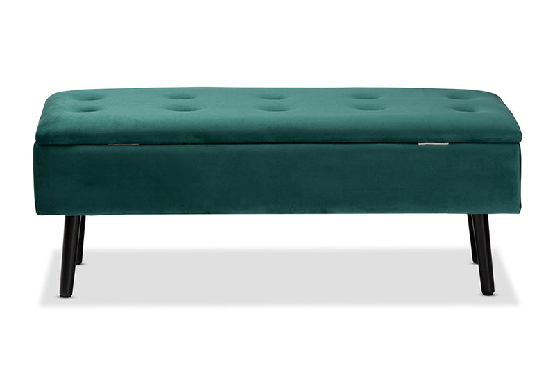 Swindon Modern and Contemporary Green Velvet Fabric Upholstered and Dark Brown Finished Wood Storage Bench