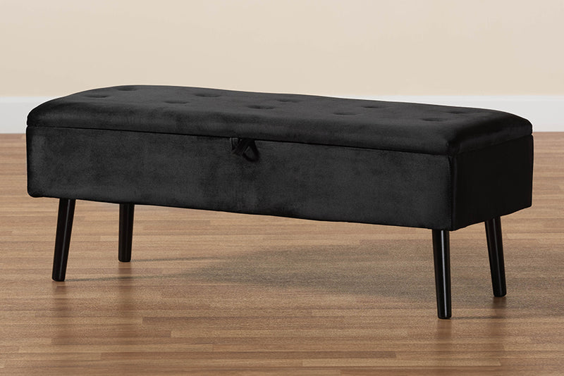 Swindon Modern and Contemporary Black Velvet Fabric Upholstered and Dark Brown Finished Wood Storage Bench