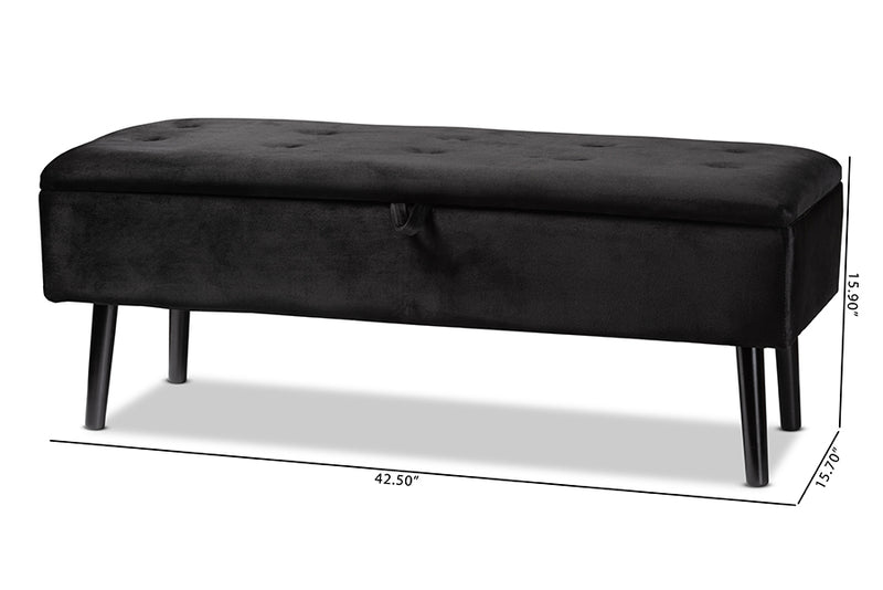 Swindon Modern and Contemporary Black Velvet Fabric Upholstered and Dark Brown Finished Wood Storage Bench