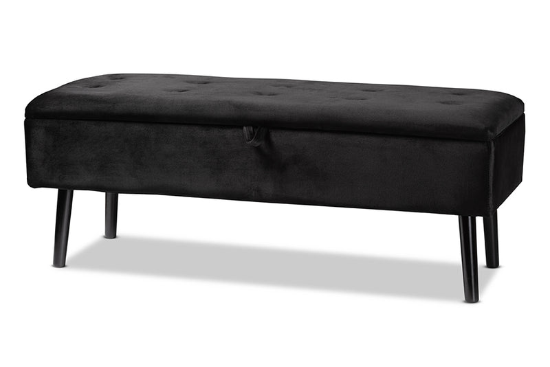 Swindon Modern and Contemporary Black Velvet Fabric Upholstered and Dark Brown Finished Wood Storage Bench