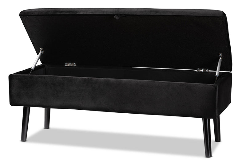 Swindon Modern and Contemporary Black Velvet Fabric Upholstered and Dark Brown Finished Wood Storage Bench