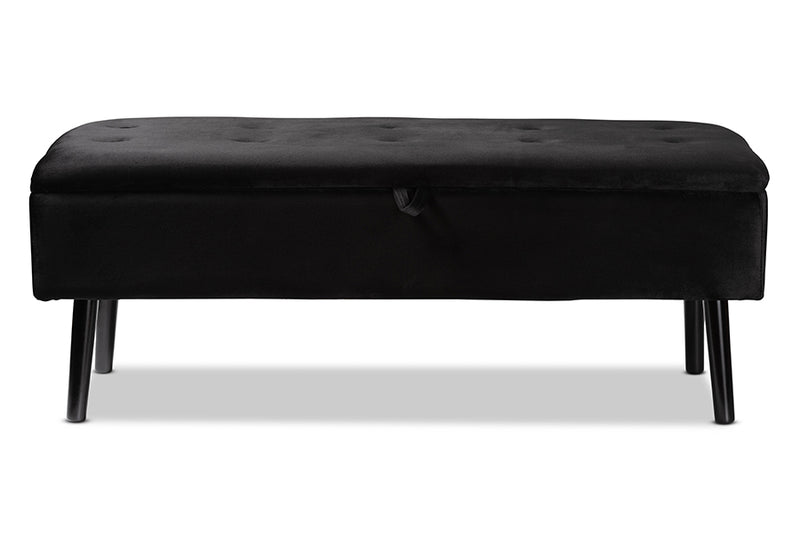 Swindon Modern and Contemporary Black Velvet Fabric Upholstered and Dark Brown Finished Wood Storage Bench