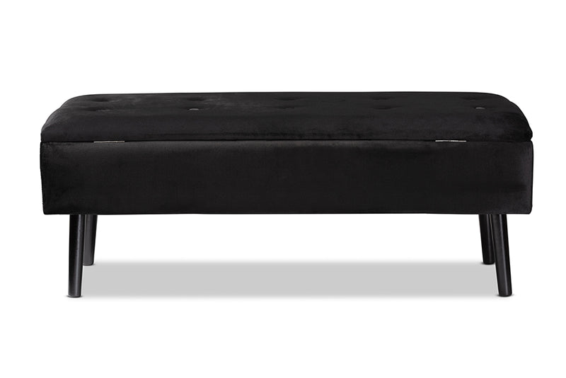 Swindon Modern and Contemporary Black Velvet Fabric Upholstered and Dark Brown Finished Wood Storage Bench